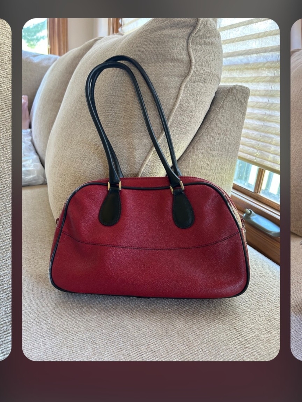 Classic Red Leather Shoulder Bag with Black Handles